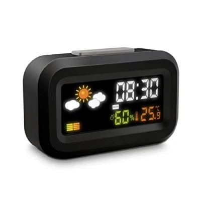 Imagen de Metronic 477340 Despertador Digital de Viaje a Pilas, Pantalla LCD retroiluminada en Color, Reloj 12/24 Horas, Snooze, Calendario, méteo, Temperatura, Humedad