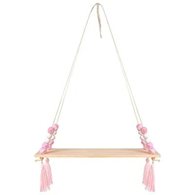 Imagen de AvoDovA Baldas Flotantes de Estilo Nórdico con Cuerdas, Cuentas Oscilante y Borlas, Estantería Colgante Madera para Pared Decorar, Estante Decorativa Exhibición, Rosa