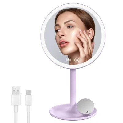 Imagen de EMKE Espejo de Maquillaje con iluminación, LED 3 Colores luz, práctico 1/3 Aumento, Brillo Regulable e Interruptor táctil (Morado)
