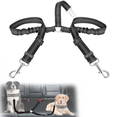 Imagen de VBGURR Cinturones de seguridad para perros, cinturón doble perro, elástico ajustable perros viajes y uso diario (negro)
