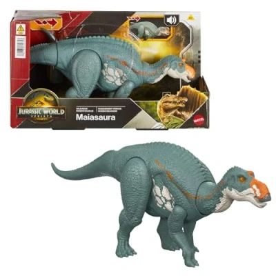 Imagen de Mattel Jurassic World: El Renacer, Maiasaura Rugido salvaje, Dinosaurio con ataque de mordisco en múltiples direcciones y sonido controlado la cola, diseño articulado juego digital, JGC82