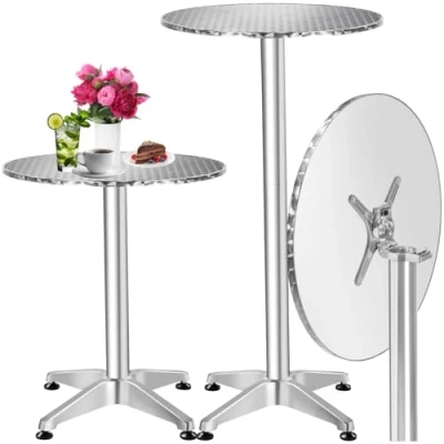 Imagen de TecTake® Mesa de Bar Bistró en Aluminio, Ajustable a 2 Alturas: 75 o 115 cm, Alta con Tablero Ø: 60 Auxiliar Plegable, Cocina, Revestido Acero Inoxidable Pulido