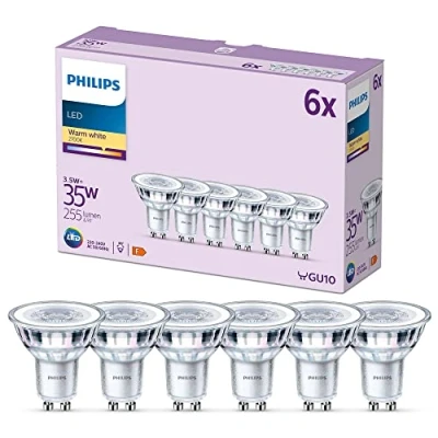 Imagen de Philips Bombilla tipo foco 3.5W (Eq. 35W) 255 lúmenes, casquillo GU10, Luz Blanca Cálida (2700k) Pack 6 Bombillas