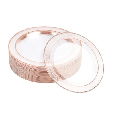Imagen de MATANA 20 Platos de Postre Plástico Premium con Borde Oro Rosa, 19cm Elegantes, Resistentes y Reutilizables Bodas, Cumpleaños, Navidad, Barbacoas, Fiestas Eventos