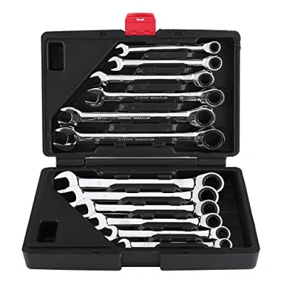Imagen de Juego de 12 llaves carraca, combinadas herramientas manuales con funda transporte, color negro, 8 19 mm