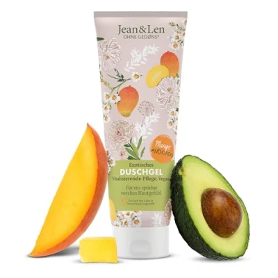 Imagen de Jean&amp;Len Gel de ducha exótico con mango y aguacate, fórmula revitalizante para una notable sensación suavidad en la piel, suave limpieza sin parabenos ni siliconas, vegano, 250 ml