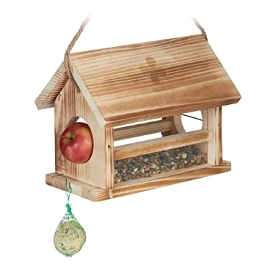 Imagen de Relaxdays Caseta Comedero Pájaros Madera Flameada con Certificación FSC, 24x31x20 cm, Resistente Intemperie, Natural