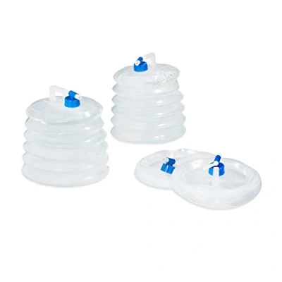 Imagen de Relaxdays Bidón de Agua Plegable Set 4, Oval, Asa, con Grifo, 10L, Camping, Garrafa Plegable, Transparente/Azul
