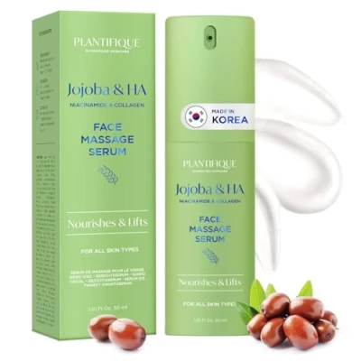 Imagen de PLANTIFIQUE Serum Acido Hialuronico Coreano para Masaje Gua Sha con Aceite Jojoba, Niacinamida, Colágeno, Vitamina C, Facial Antiedad, Hidratante, Antiarrugas Mujer y Hombre, 30 ml