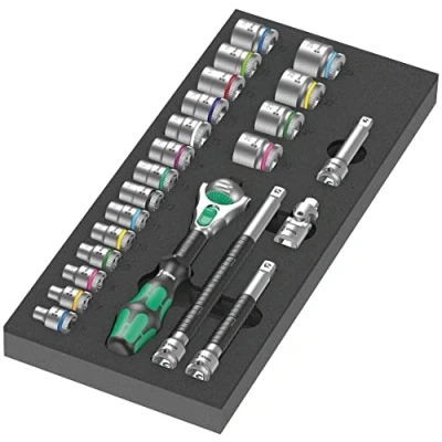 Imagen de Wera 05150111001 9721 Depósito de espuma juego carraca Zyklop 8000 B 3/8&quot; Set 1, 23 piezas, Negro verde