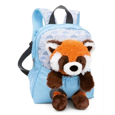 Imagen de NICI Mochila infantil azul 2 en 1 con peluche panda rojo 25cm para guardería niñas y niños Zona lumbar suave correas ajustables 49852