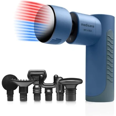 Imagen de medisana MG 600 Pistola de Masaje, Dispositivo Masaje Eléctrico, Recuperación y Relajación Muscular, Función Calor Frío, Incluye 7 Accesorios 3 Niveles Vibración