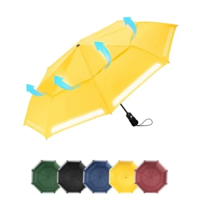 Imagen de Chakipee Paraguas Plegable Antiviento Automatico Reflectante Amarillo Resistente Al Viento con Doble Cubierta Compacto para Mujer y Hombre de Viaje 8 Varillas