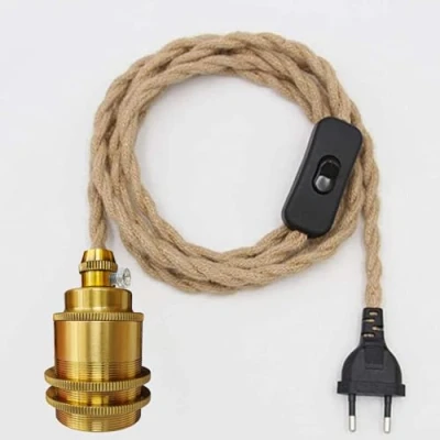 Imagen de E27 Vintage Lampenkabel HäNgende Leuchte, Seil HäNgelampe, Lampenfassung Pendelleuchte mit Schalter und Stecker, Hanfseil Pendellampe Kit, DIY Einzelkopf Kabel HäNgeleuchte, für Loft Lager (B)