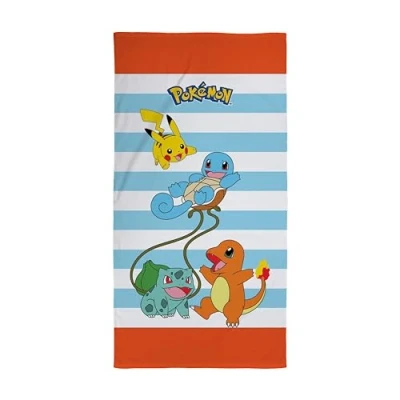 Imagen de Character World Toalla Oficial de Pokémon para niños, sensación súper Suave, diseño Divertido con Pikachu Squirtle Charmander, hogar, baño, Playa y Piscina, Talla única, 70 cm x 140