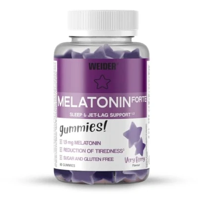 Imagen de Weider Melatonin Forte Gummies (60 gominolas) Sabor Frutas del Bosque, 1,9 mg melatonina/gominola, Ayuda contra el insomnio, jet lag, los trastornos sueño, con Vitamina B6, Sin Azúcar, Gluten