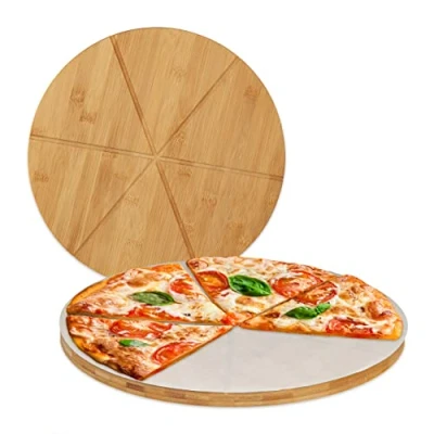 Imagen de Relaxdays Juego 2 Tablas para Pizza, Plato Cortar y Servir Tortilla, con Ranuras, Redondo, Ø33cm, Papel Horno, Bambú, Natural, 33 cm