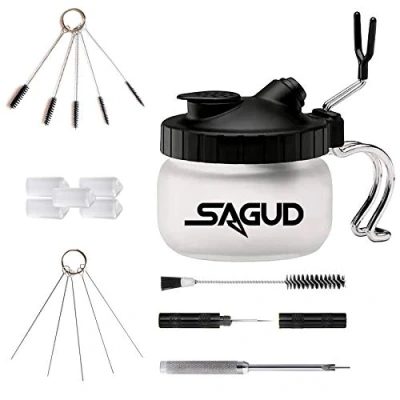 Imagen de SAGUD Kit de Limpieza aerografo con cepillos Limpieza, Agujas Cepillo Lavado, aerógrafo, Recipiente Vidrio y Soporte