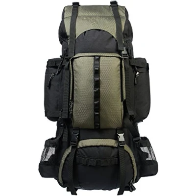 Imagen de Amazon Basics Mochila de senderismo con estructura interna y capa para lluvia, 75 L, Verde