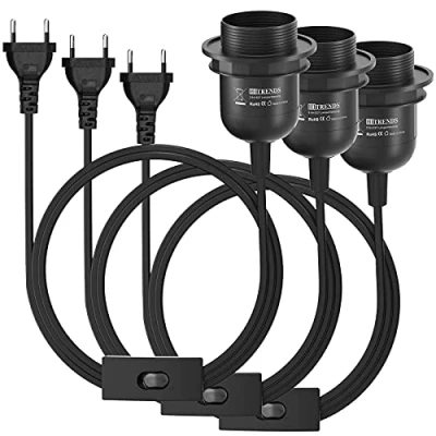 Imagen de 3 portalámparas E27 con interruptor enchufe, casquillo negro cable de 3,5 m para cocina, salón y habitación infantil
