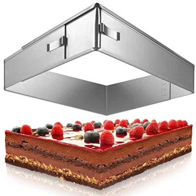 Imagen de 4smile Aro para Tartas Rectangular Made in Germany Molde Rectangular, Ajustable, con Soportes Fijar Anillo de Pastel Acero Inoxidable