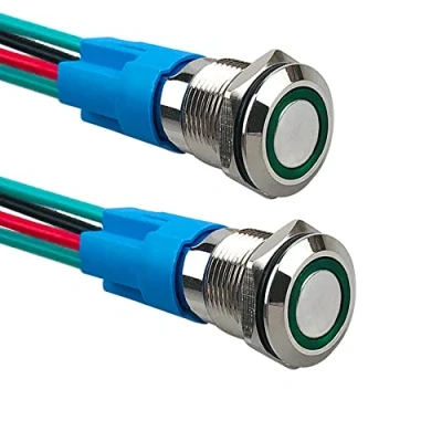 Imagen de Aiqeer 2 Piezas 12 mm Interruptores de Botón Momentáneo, 12V / 24V 3A Interruptor LED Verde, Pulsador Metálico Impermeable, con Enchufe Precableado