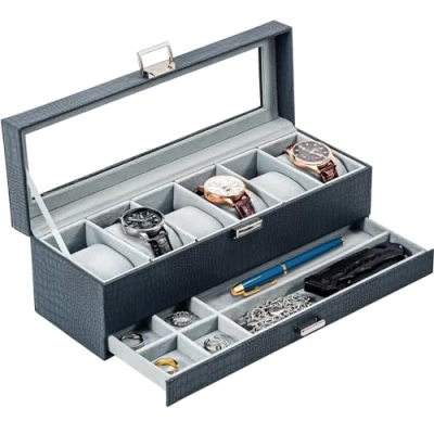 Imagen de Procase Caja de Relojes 6 Ranuras con Cajón, Funda Organizadora Reloj 2 capas Tapa Cristal, Estuche Almacenamiento para Hombres y Mujeres Azul