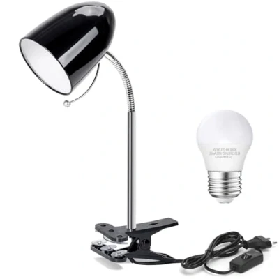 Imagen de Aigostar Flexo Escritorio con Pinza Retro Cable, Luz Lectura de Metal E27 Bombilla LED, 6500K Blanca, Cuello Lámpara Flexible, Cable 153cm, Negro