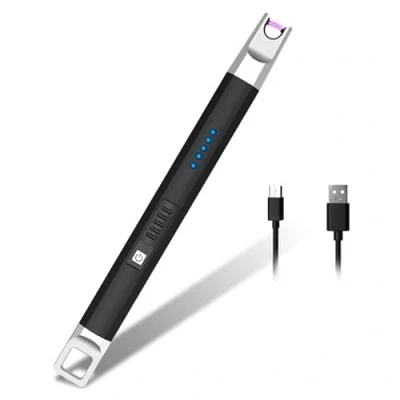 Imagen de Rouclo Encendedor Electrico, Velas Cocina Arco Electrico con Indicador de Batería, Mechero USB Recargable para Gas,Chimenea, Barbacoa,Camping (Negro)
