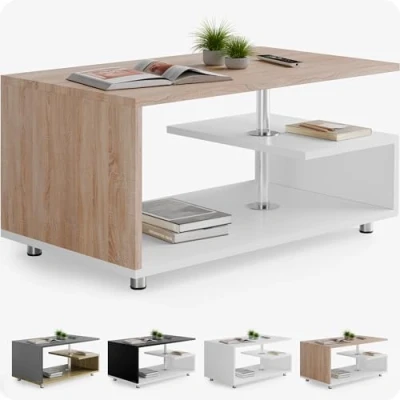 Imagen de CASARIA® Mesa de Centro Madera Roble Blanco Almacenaje 95x55cm Pies Acero Inoxidable Estante Ajustable en Altura Auxiliar Rectangular Moderna Sala Estar Sofá