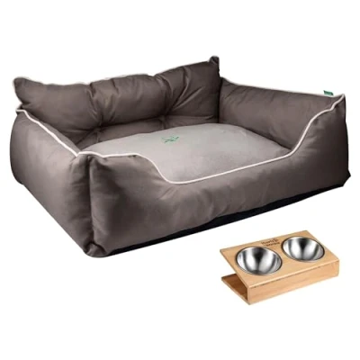 Imagen de Cama para Mascotas Color marron Medidas 90x70x28 cm Ergonómica Perros Medianos Funda Lavable a Máquina y comedero fuente doble en acero inoxidable soporte bambú