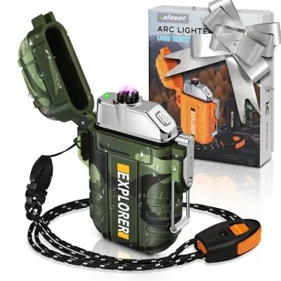 Imagen de lafagiet Encendedor recargable por USB, encendedores de doble arco impermeable para camping, senderismo, kits supervivencia al aire libre (F13 Cmouflage)