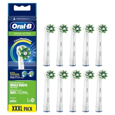 Imagen de Oral B CrossAction Recambios Cepillo de Dientes Eléctrico, Pack 10 Cabezales con Tecnología Clean Maximiser, Blanco Originales, (Tamaño Buzón)