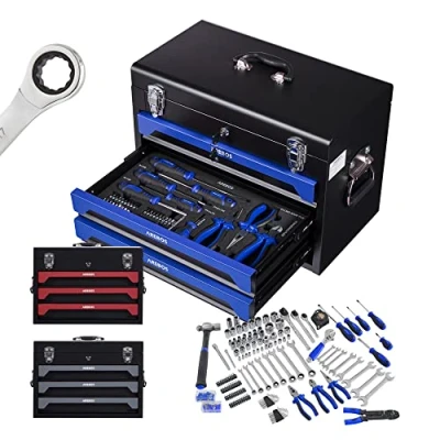 Imagen de Arebos Caja de Herramientas Incl. Juego 172 Piezas Cromo vanadio para el hogar, Garaje y Taller Equipada con 3 cajones Cerradura