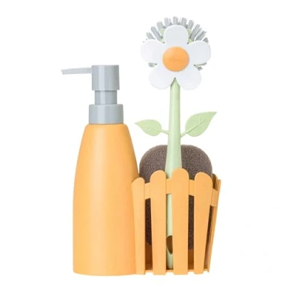 Imagen de Vigar Set Fregadero Pack Soporte, Cepillo Lavaplatos, Esponja ‎7 x 14 26.5 cm Flower Power con Dispensador Bandeja de 3 Piezas Naranja
