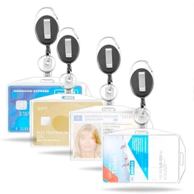 Imagen de 4 soportes para tarjetas de identificación con yoyó retráctil, llavero extensible plástico duro, funda tarjeta identificación, tarjetero/tarjetas acceso clip duro