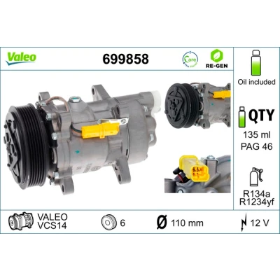 Imagen de VALEO 699858 compresor de Aire Acondicionado 6V12 12 PAG 46 R 134 a con aceite REFERENCIA RENOVADA PEUGEOT: 206 Hatchback, 307 SW