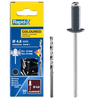 Imagen de Rapid Remaches de Aluminio Gran Resistencia, Gris Antracita, Ø4,8 x 12 mm 4 para Canalones, Tuberías y Chapa Metálica Incluye Taladro 50 Unidades, Embalaje Cartón (5001470)