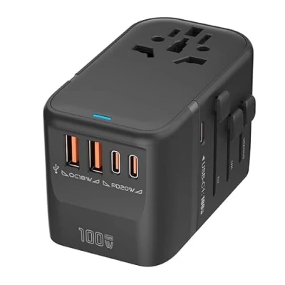 Imagen de 100W GAN Universal Travel Adapter International Power Adapter, 5 USB (3 C) Charging Ports European Plug Worldwide for US to Europe UK, EU, AU (Type C/G/A/I) Outlet Wall Charger