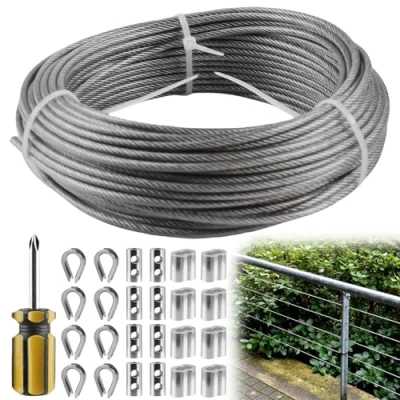 Imagen de GBKDQQ cable de alambre 3 mm, acero inoxidable 20 m, PVC, cuerda 304 con manguitos aluminio, ojales, guardacabos