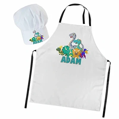 Imagen de Gorro Cocinero + Delantal de Cocina para niños niño Bebé Ajustable con Velcro Chef Nombre/con Texto Equipo Dinosaurios [099]
