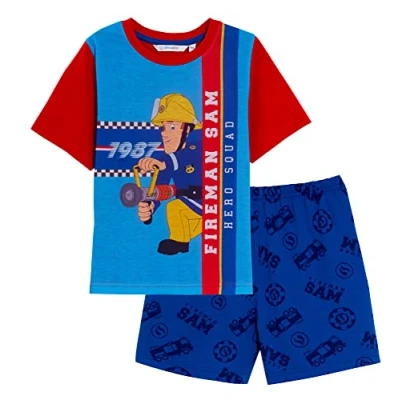 Imagen de Fireman Sam Pijama Corto niños, Conjunto de con Pantalones Cortos y Camiseta Manga Corta para niños Bombero, Azul, 2 3 Años