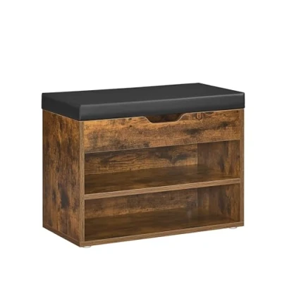Imagen de VASAGLE Banco Zapatero, Mueble Zapatero con Asiento Tapizado, Recibidor 3 Compartimentos y Acolchado, 30 x 60 44 cm, para Entrada Dormitorio Sala de Estar, Marrón Rústico LHS020K03