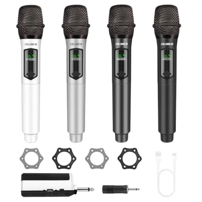Imagen de talomen micrófono inalámbrico Profesional, Sistema cuádruple 2.4 GHz, dinámico Recargable con Receptor, Alcance de 160ft, Ideal para Karaoke, Canto, Fiestas, K604 Blanc, Argent, Gris, Noir