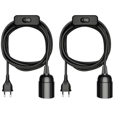 Imagen de ledscom.de 2 piezas cable textil LEHA, enchufe, interruptor, negro, 3 m, portalámparas, 1x E27 máx. 60W