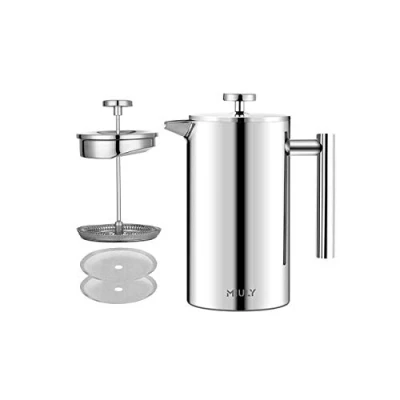 Imagen de MaxMiuly Cafeteras de émbolo 1 Tazas,Pequeña Cafetera Doble pared Acero Inoxidable,con 2 Coladores Adicionales, 350ml,Plata