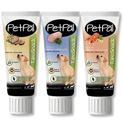 Imagen de PetPäl Perros Golosina Tubo “TuboSnack“ Pack Degustación Hígado, Ave, Salmón 3X 75g Sin Cereales, Sal, Azúcar, Ingredientes Naturales Tratamiento Ideales para Cachorros Fabricado en Alemania