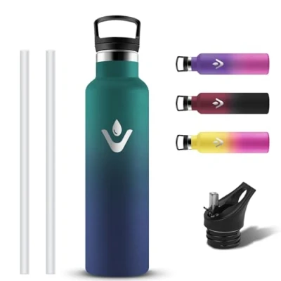 Imagen de Grsta Botella Agua Acero Inoxidable 750ml, Cantimplora Termica con Pajita y Filtro, a Prueba de Fugas, Reutilizable Termo 2 Tapones sin BPA para Escuela, Exterior, Gimnasio