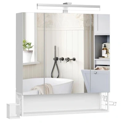 Imagen de VASAGLE Armario de Baño con Espejo 3 Puertas, Mueble Pared Espejo, Enchufe, Cesta Colgante, Soporte para Secador Pelo, Baño, Lavabo, Blanco Nube BBK126W01