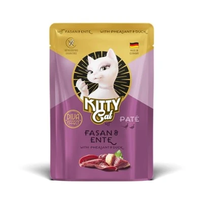 Imagen de KITTY Cat Paté Faisán &amp; Pato, 6 x 85 g, Comida húmeda para Gatos, sin Cereales, con taurina, Aceite de salmón y mejillón Labios Verdes, pienso Completo Alto Porcentaje Carne, Fabricado en